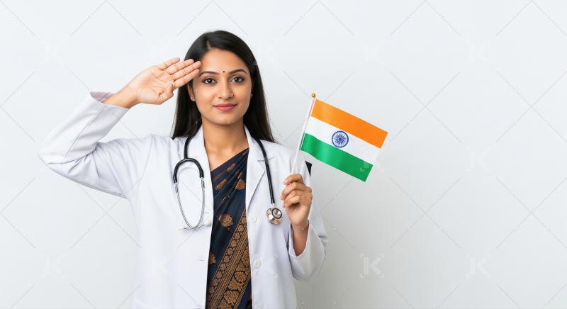 Indian female doctor salutes proudly with national flag