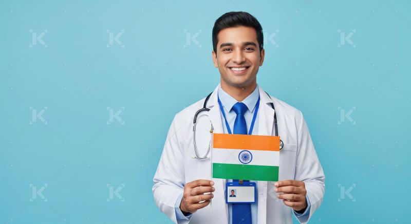 Happy Indian Doctor Holds India Flag with Pride