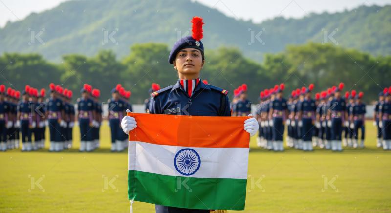 Indian NCC Cadet Proudly Holds National Flag at Parade