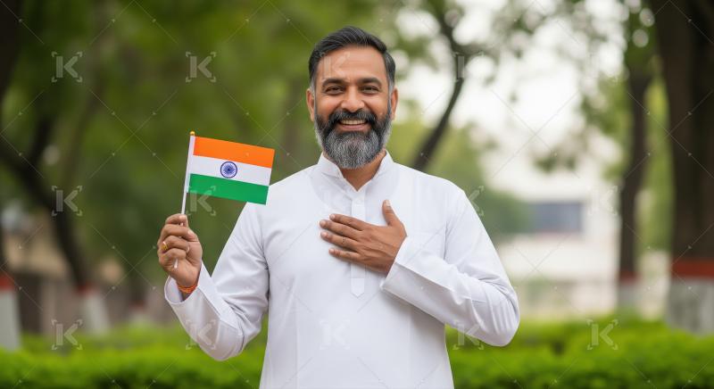 Patriotic Indian Man Smiling Proudly with National Flag