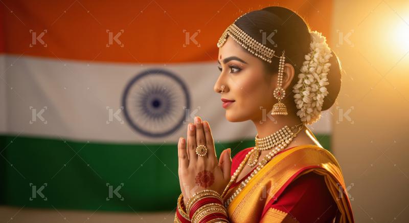 Patriotic Indian Woman in Traditional Saree with National Flag