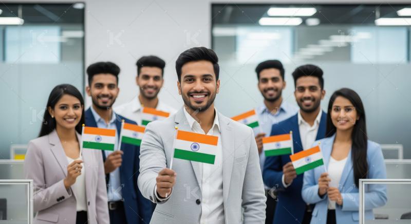 Young Indian Professionals Proudly Display National Flags in Off