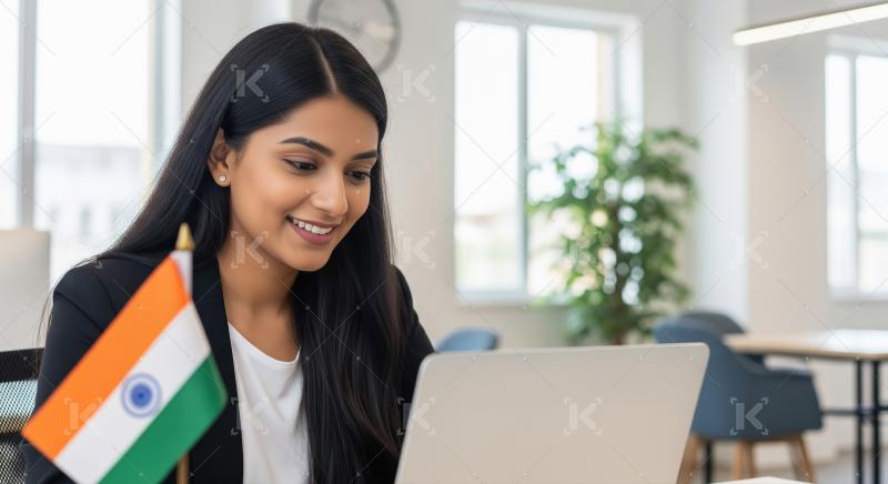 Young Indian Professional Works with Laptop and National Flag