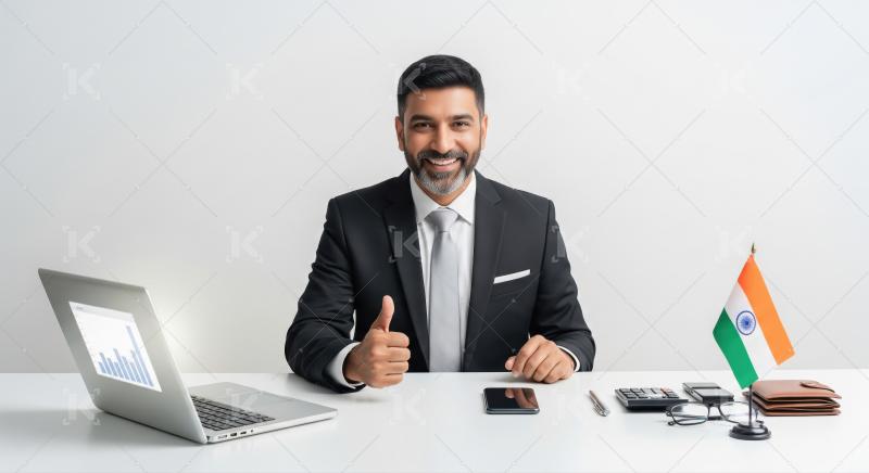 Confident Indian Businessman Smiling, Giving Thumbs Up at Office
