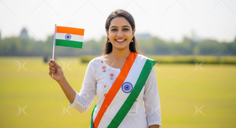 Happy Young Indian Woman Holding Flag, Celebrating Patriotism
