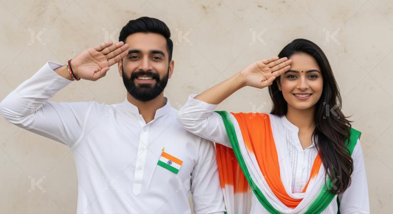 Indian couple saluting, celebrating national pride and independe