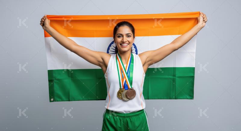 Proud Indian sportswoman displaying flag and championship medals