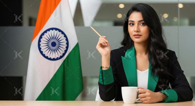 Confident Indian Businesswoman with National Flag in Office Sett