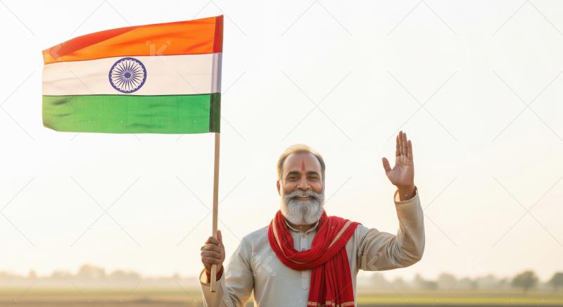 Happy Indian Man Proudly Waving Flag in Rural Field