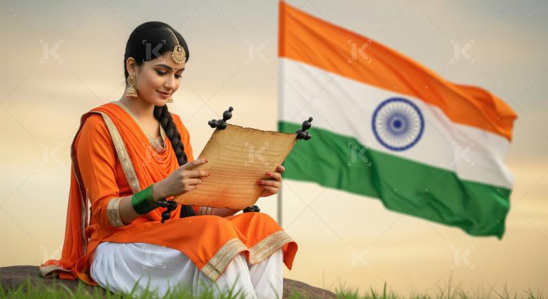 Patriotic Indian Woman Reads Historic Scroll, Flag Waving Proudl