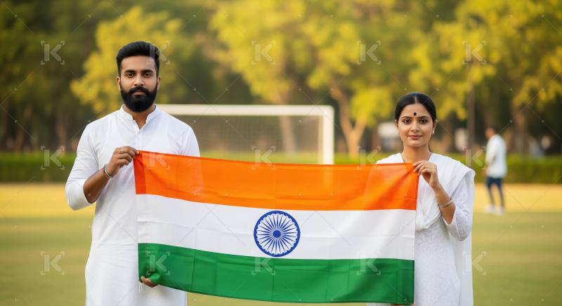 Patriotic Indian couple holds national flag, celebrating unity.