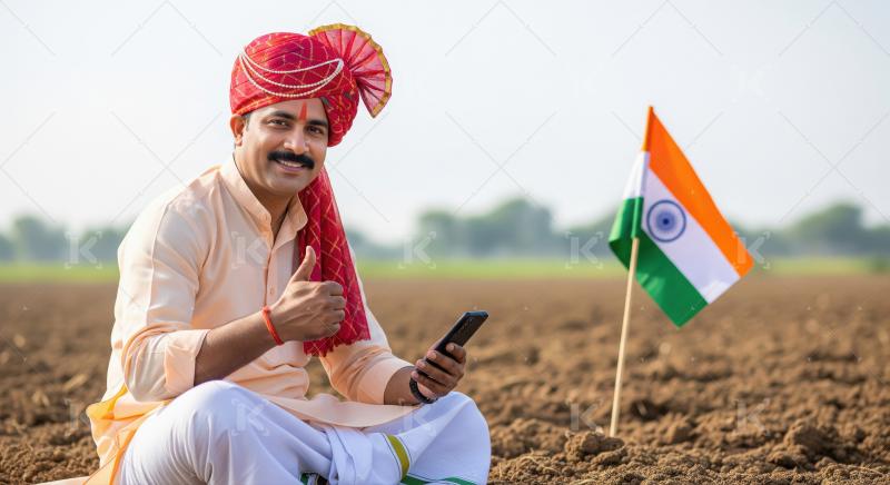 Patriotic Indian farmer with smartphone and flag in field.