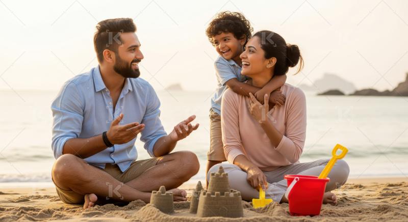 Joyful Indian family creating sandcastles together during a beach vacation.