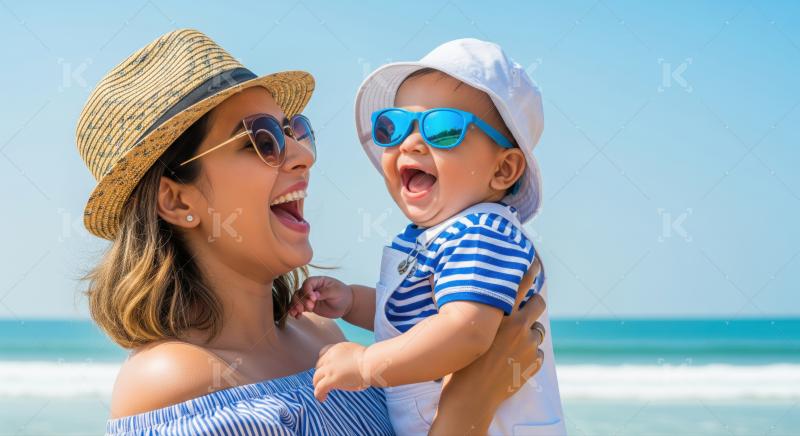 Joyful mother and baby laughing together on a beautiful sunny beach.