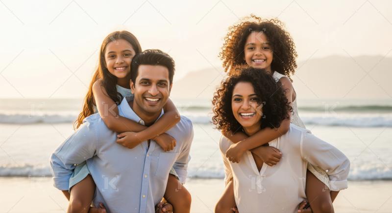 Joyful family enjoying piggyback rides at the beach sunset.