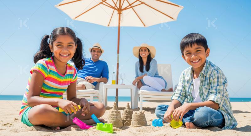 Joyful family bonding and playing together on a sunny beach.