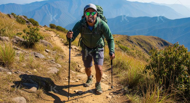Happy hiker with backpack explores beautiful mountain landscape.