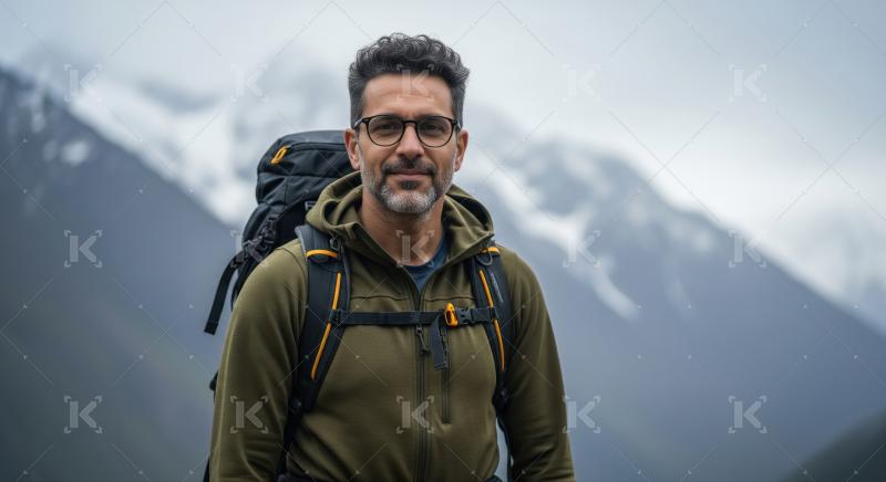 Confident man ready for his exciting mountain trekking adventure.