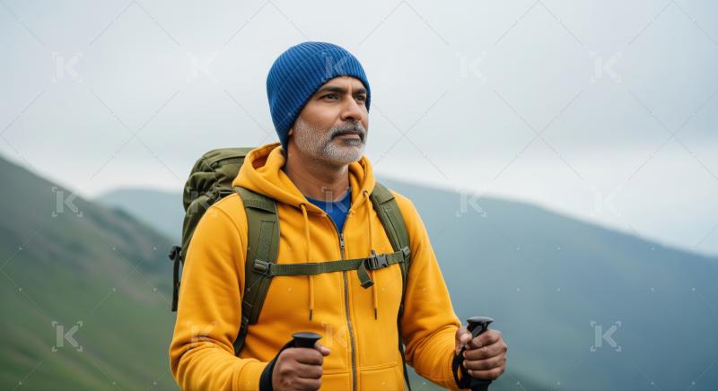 Middle-aged man enjoying a refreshing and adventurous hike outdoors.