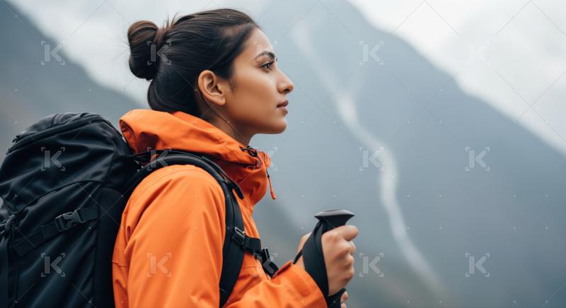Young woman hiking through majestic mountains, embracing the adventure.