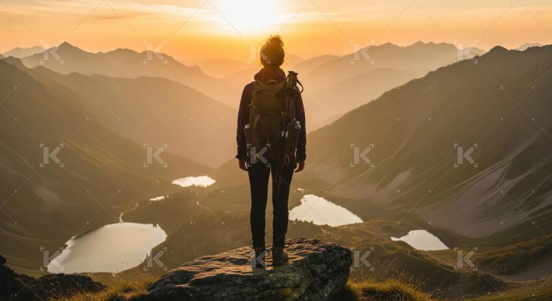 Solo adventurer beholds vast mountain range, serene lakes, golden hour.