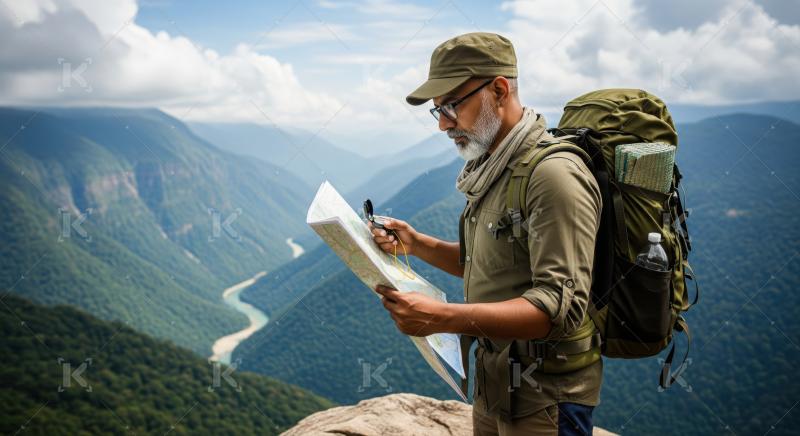 Experienced hiker carefully navigates a remote mountain valley.
