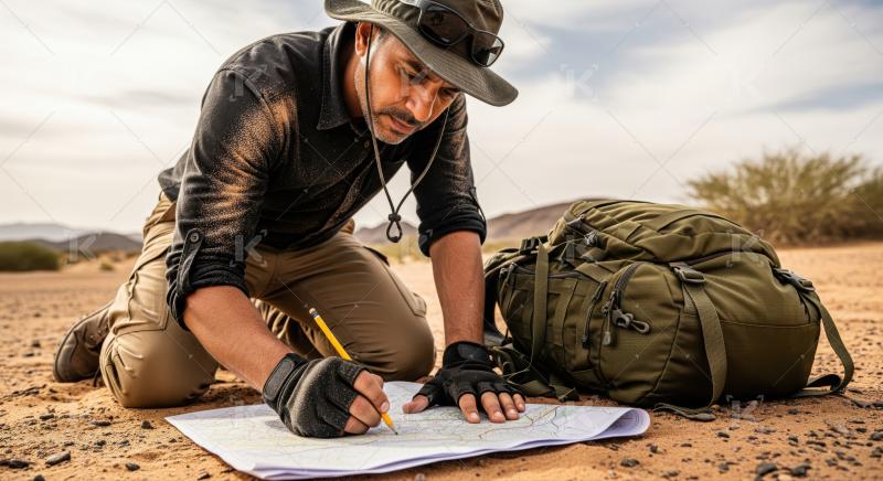 Adventurous man meticulously plans desert route using paper map.