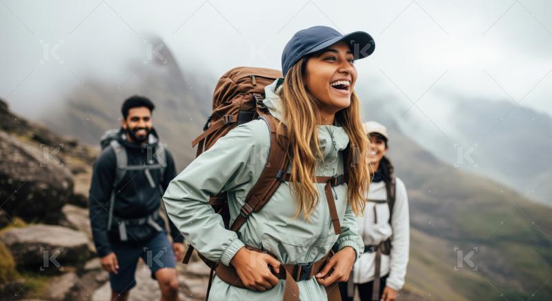 Three friends enjoying a joyful hike through beautiful, misty mountains.