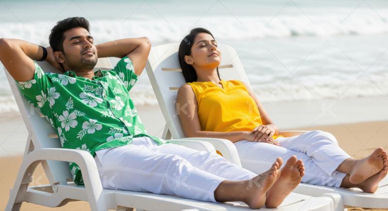 Young couple peacefully enjoys relaxing on a sunny beach day.