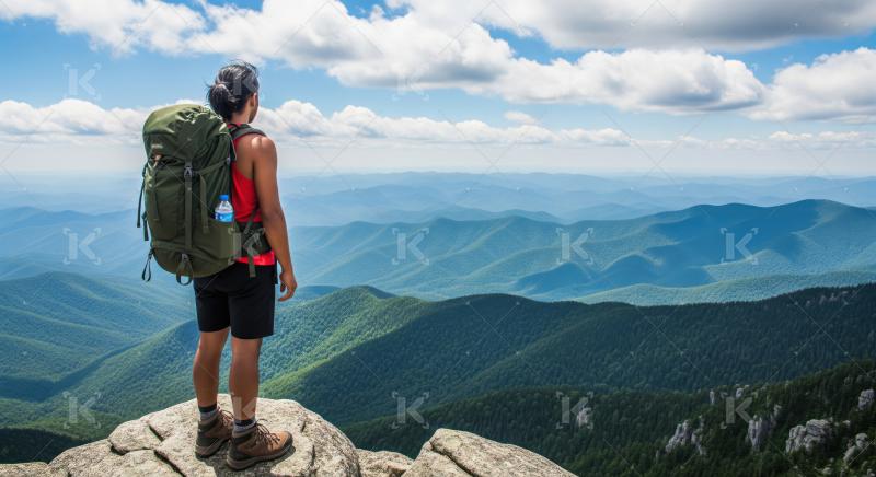 Backpacker stands atop mountain peak, observing expansive layers of ranges.