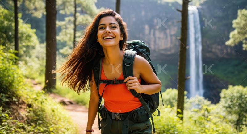 Smiling woman happily explores a vibrant forest with a waterfall.