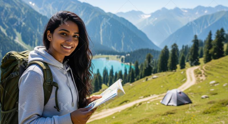 Happy woman explores serene mountain lake with map.