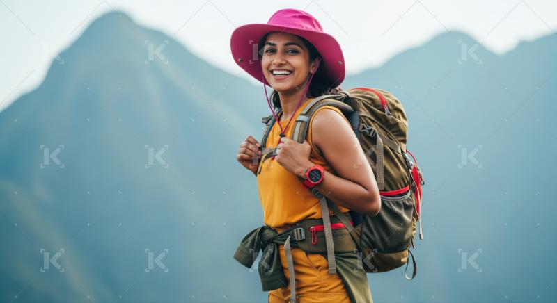 Joyful female hiker exploring mountains with backpack and hat.