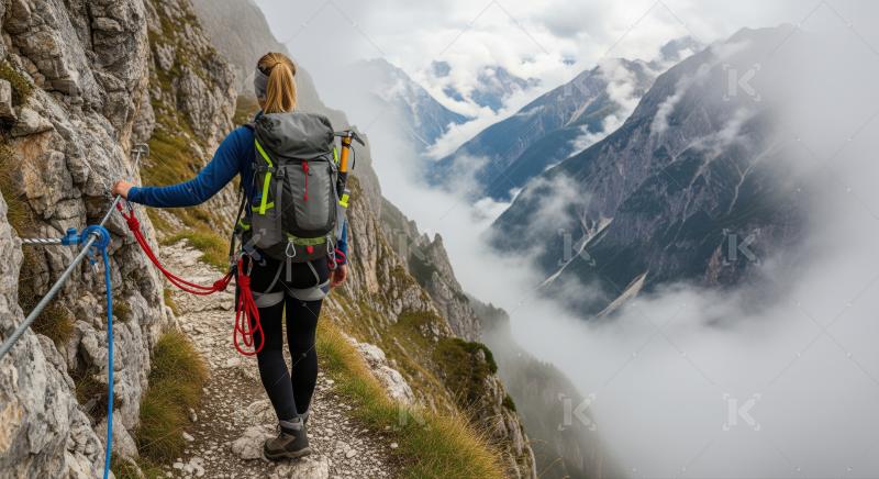 Adventurous woman navigating rugged mountain path with safety gear.