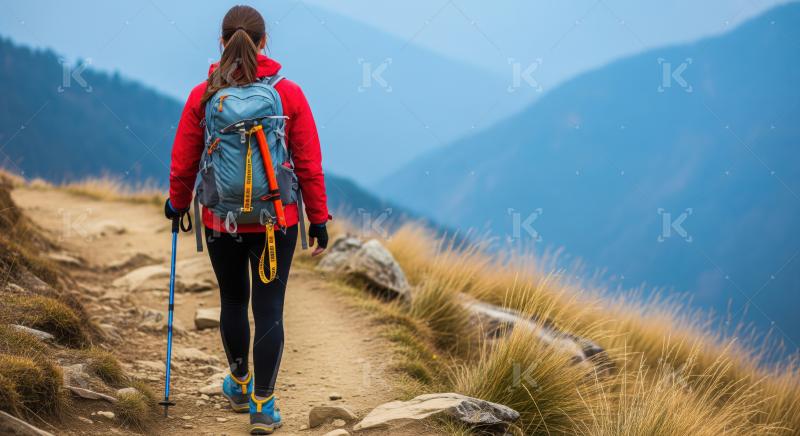 Solo adventurer traverses rugged mountain path, enjoying nature's tranquil beauty.
