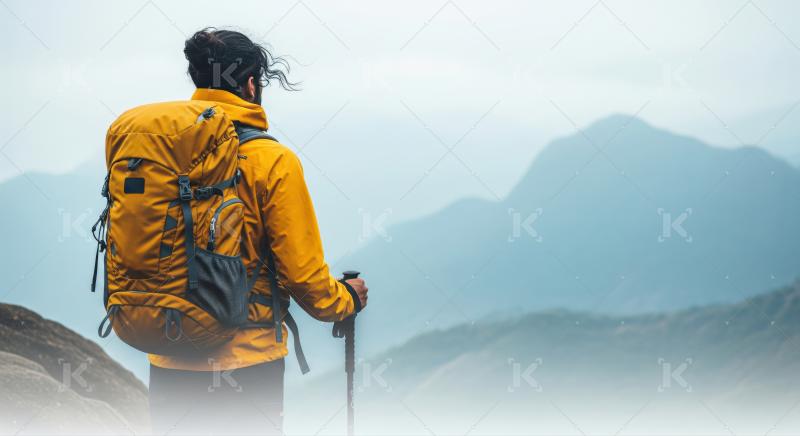 Explorer enjoys breathtaking misty mountain scenery with trekking gear.