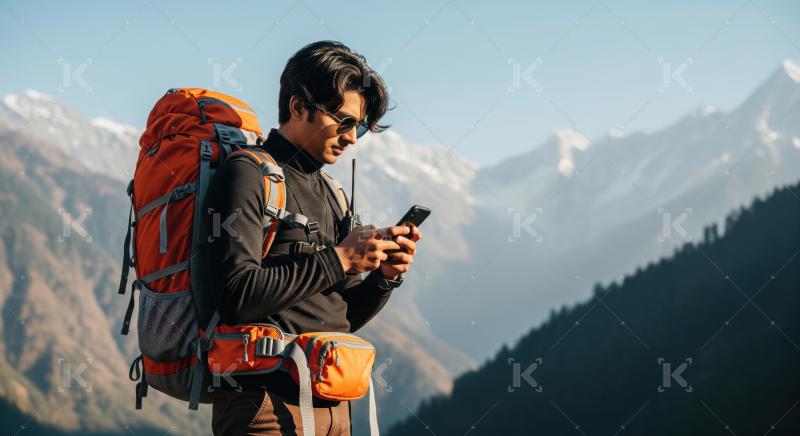 Hiker with backpack and walkie-talkie, navigating using his smartphone.