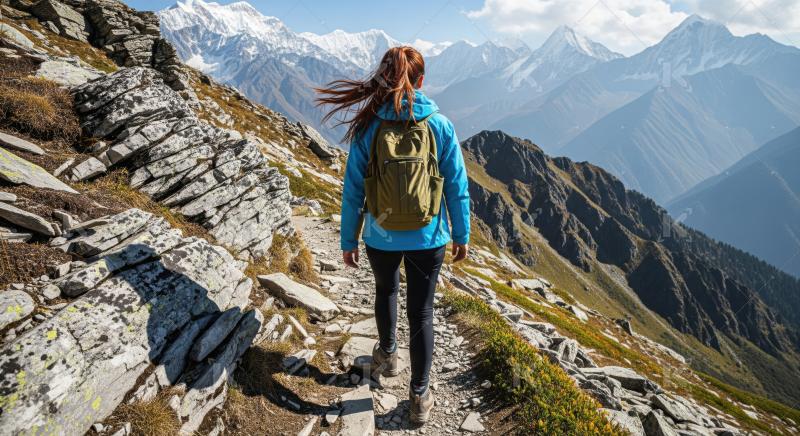 Solo female trekker admiring vast, inspiring mountain panorama.