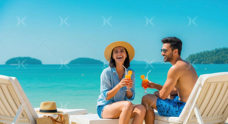 A joyful couple relaxes on beach, enjoying their tropical vacation.