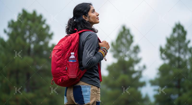 A young woman hiking, looking upwards, amidst green trees.