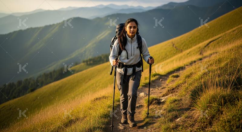 Adventurous woman hiking through beautiful mountains at golden hour.