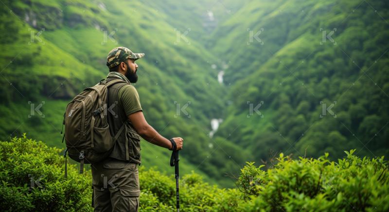 Man enjoys panoramic mountain valley view during trek.