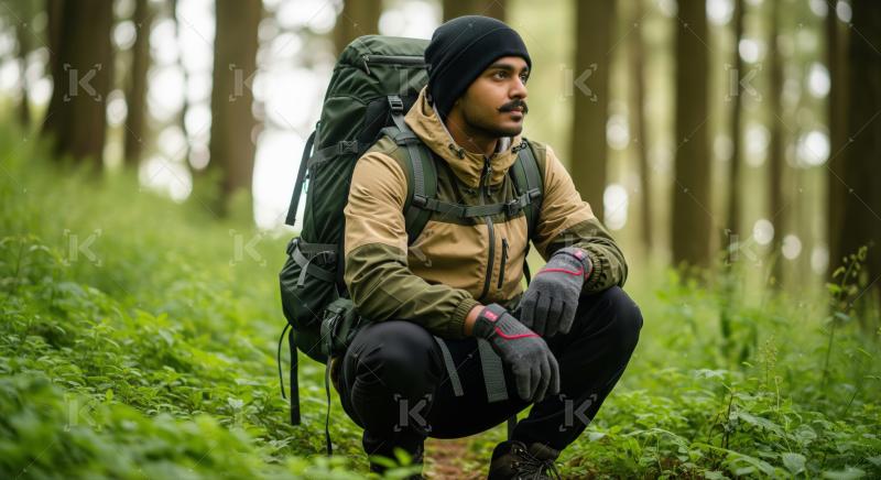 Adventurous man observes surroundings in vibrant, tranquil green woodland.