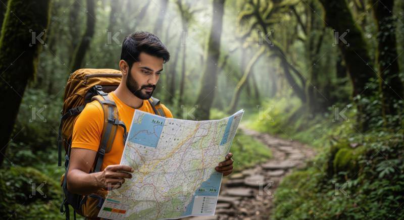 Explorer concentrates on map while deep inside a vibrant green forest.