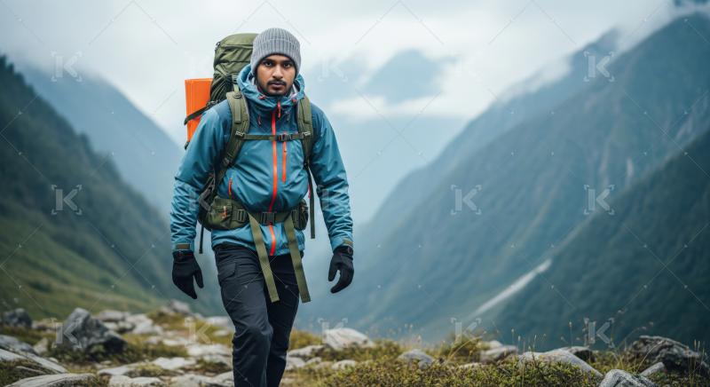 Determined hiker journeys through majestic, rugged mountain landscape.