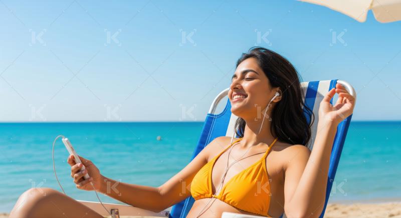 Happy woman on beach chair, listening to music, enjoying sun.