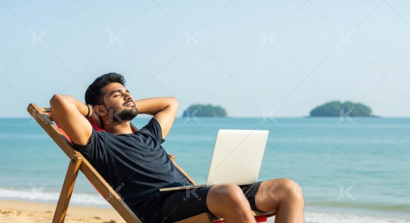 Man relaxing on beach with laptop, enjoying sunny ocean view.