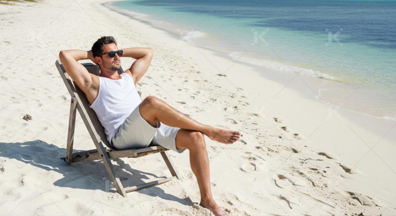 A handsome man relaxing on a tranquil white sand beach.