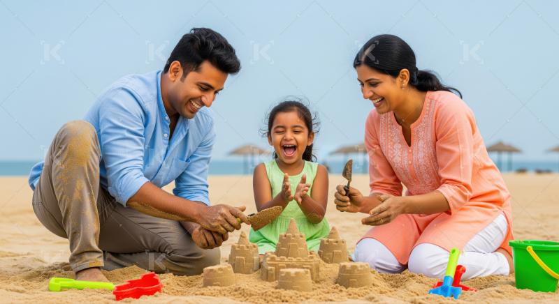 Happy Indian family enjoying creative sandcastle building on vacation.