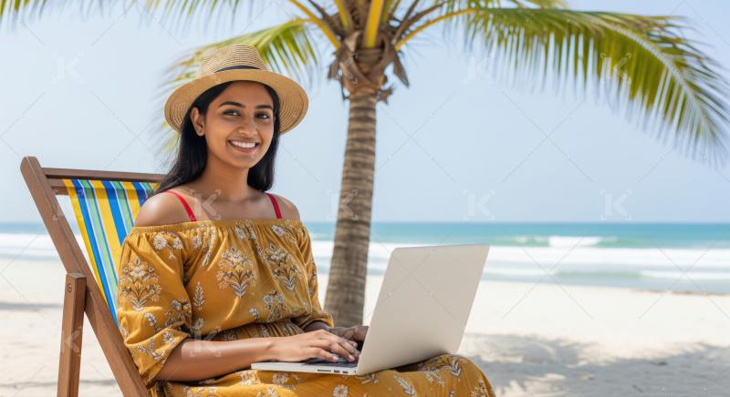 Happy young woman working on laptop at a beautiful beach.